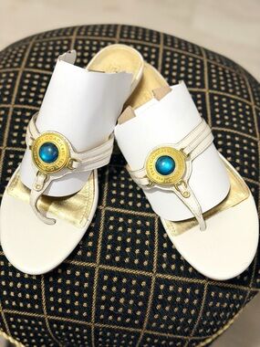 Coach White Leather Sandals with Gold Medallion and Blue Cabochon